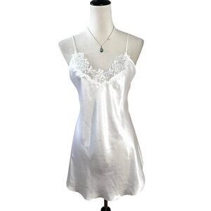 Vintage Intimate Affair Satin Slip Chemise | White Lace Trim Beaded Floral